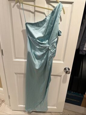 Abercrombie & Fitch One-Shoulder Satin Twist Gown in Light Aqua